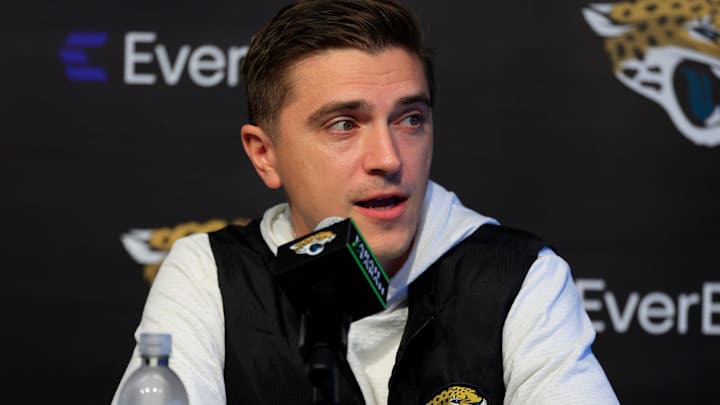 Jacksonville Jaguars general manager James Gladstone speaks during a press conference at the Miller Electric Center, Wednesday, Jan. 14, 2026, in Jacksonville, Fla.