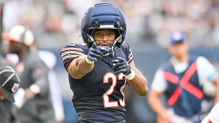 Aug 15, 2026; Chicago, Illinois, USA; Chicago Bears running back Roschon Johnson (23) reacts after gaining a first down against the Cleveland Browns during the first half at Soldier Field. Mandatory Credit: Patrick Gorski-Imagn Images