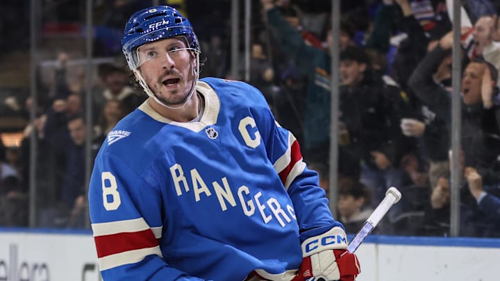 Dec 13, 2025; New York, New York, USA;  New York Rangers center J.T. Miller (8) at Madison Square Garden. Mandatory Credit: Wendell Cruz-Imagn Images