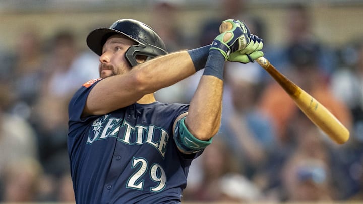 Seattle Mariners catcher Cal Raleigh hits a two run home run.