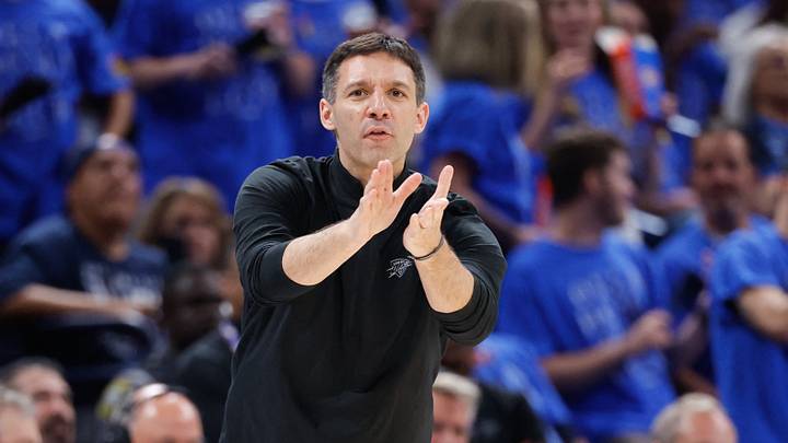 May 18, 2026; Oklahoma City, Oklahoma, USA; Oklahoma City Thunder head coach Mark Daigneault reacts during the third quarter against the San Antonio Spurs during game one of the western conference finals for the 2026 NBA playoffs at Paycom Center. Mandatory Credit: Alonzo Adams-Imagn Images May 18, 2026; Oklahoma City, Oklahoma, USA; Oklahoma City Thunder head coach Mark Daigneault reacts during the third quarter against the San Antonio Spurs during game one of the western conference finals for the 2026 NBA playoffs at Paycom Center. Mandatory Credit: Alonzo Adams-Imagn Images