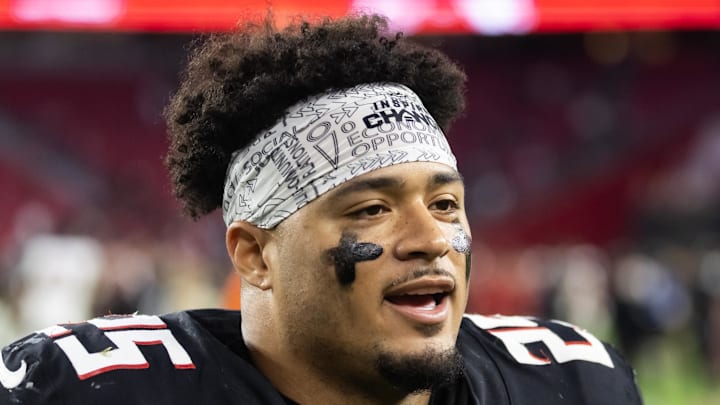 Dec 21, 2025; Glendale, Arizona, USA; Atlanta Falcons running back Tyler Allgeier (25) against the Arizona Cardinals at State Farm Stadium. Mandatory Credit: Mark J. Rebilas-Imagn Images