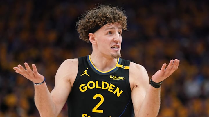 May 2, 2025; San Francisco, California, USA; Golden State Warriors guard Brandin Podziemski (2) reacts after a play against the Houston Rockets in the third quarter of game six of the first round for the 2025 NBA Playoffs at Chase Center. Mandatory Credit: Cary Edmondson-Imagn Images