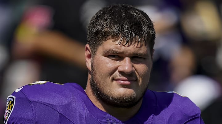 Sep 14, 2025; Baltimore, Maryland, USA; Baltimore Ravens center Tyler Linderbaum (64) before the game against the Cleveland Browns at M&T Bank Stadium. Mandatory Credit: Mitch Stringer-Imagn Images