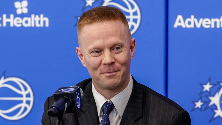 Jun 18, 2026; Orlando, FL, USA; Orlando Magic head coach Sean Sweeney takes media questions during a press conference at AdventHealth Training Center. Mandatory Credit: Mike Watters-Imagn Images