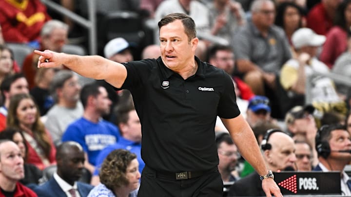 Mar 22, 2026; St. Louis, MO, USA; Iowa State Cyclones head coach T.J. Otzelberger calls a play during the second half against the Kentucky Wildcats during a second round game of the men's 2026 NCAA Tournament at Enterprise Center. 