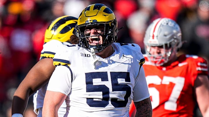 Michigan defensive lineman Mason Graham (55) celebrates a play against Ohio State during the second half at Ohio Stadium in Columbus, Ohio on Saturday, Nov. 30, 2024.