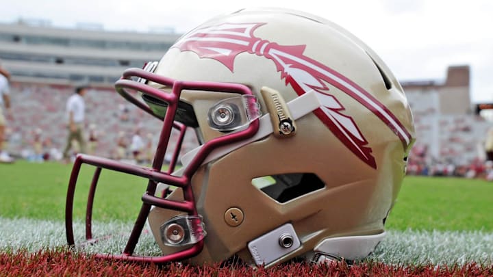 Oct 7, 2017; Tallahassee, FL, USA; View of a Florida State Seminoles helmet on the field before the game against the Miami Hurricanes at Doak Campbell Stadium. Mandatory Credit: Melina Vastola-Imagn Images Oct 7, 2017; Tallahassee, FL, USA; View of a Florida State Seminoles helmet on the field before the game against the Miami Hurricanes at Doak Campbell Stadium. Mandatory Credit: Melina Vastola-Imagn Images