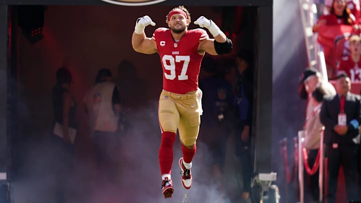 Nick Bosa before a Chiefs-49ers game.