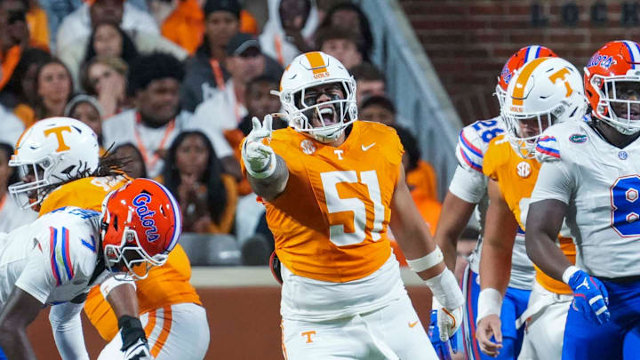 Tennessee defensive lineman Jaxson Moi (51) celebrates after a play during a NCAA football game between Tennessee and Florida in Neyland Stadium, in Knoxville, Tenn., Oct. 12, 2024.