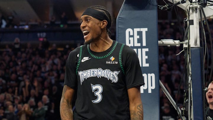 Apr 25, 2026; Minneapolis, Minnesota, USA; Minnesota Timberwolves forward Jaden McDaniels (3) reacts to being called for a foul against the Denver Nuggets in the fourth quarter at Target Center. Mandatory Credit: Matt Blewett-Imagn Images