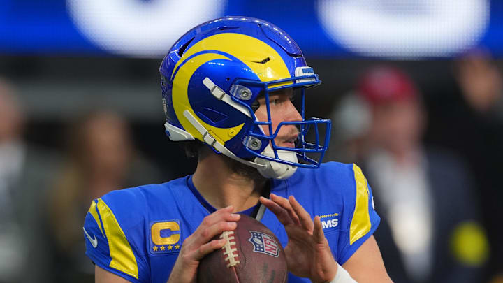 Dec 14, 2025; Inglewood, California, USA; Los Angeles Rams quarterback Matthew Stafford (9) throws a pass during the first quarter against the Detroit Lions at SoFi Stadium. Mandatory Credit: Kirby Lee-Imagn Images