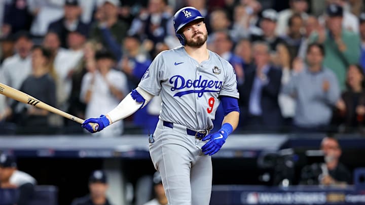 Oct 30, 2024; New York, New York, USA; Los Angeles Dodgers second baseman Gavin Lux (9) reacts to striking out during the fifth inning against the New York Yankees in game four of the 2024 MLB World Series at Yankee Stadium. Mandatory Credit: Brad Penner-Imagn Images