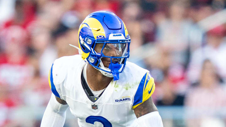 November 9, 2025; Santa Clara, California, USA; Los Angeles Rams safety Kam Curl (3) during the fourth quarter against the San Francisco 49ers at Levi's Stadium. Mandatory Credit: Kyle Terada-Imagn Images