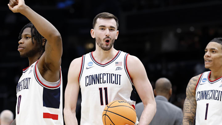 UConn forward Alex Karaban celebrates after the Huskies advanced to the Elite Eight. UConn forward Alex Karaban celebrates after the Huskies advanced to the Elite Eight.