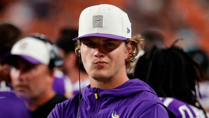 Aug 28, 2026; Denver, Colorado, USA; Minnesota Vikings quarterback J.J. McCarthy (9) looks on in the second quarter against the Denver Broncos at Empower Field at Mile High. Mandatory Credit: Isaiah J. Downing-Imagn Images