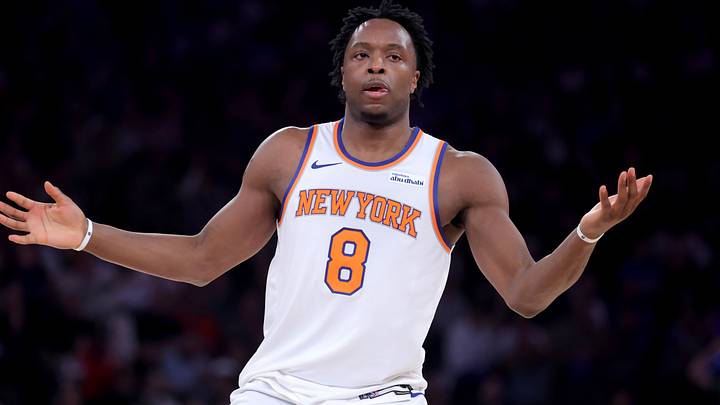 May 4, 2026; New York, New York, USA; New York Knicks forward OG Anunoby (8) reacts after a three point shot during the first quarter of game one of the eastern conference semifinal round of the 2026 NBA Playoffs against the Philadelphia 76ers at Madison Square Garden. Mandatory Credit: Brad Penner-Imagn Images May 4, 2026; New York, New York, USA; New York Knicks forward OG Anunoby (8) reacts after a three point shot during the first quarter of game one of the eastern conference semifinal round of the 2026 NBA Playoffs against the Philadelphia 76ers at Madison Square Garden. Mandatory Credit: Brad Penner-Imagn Images