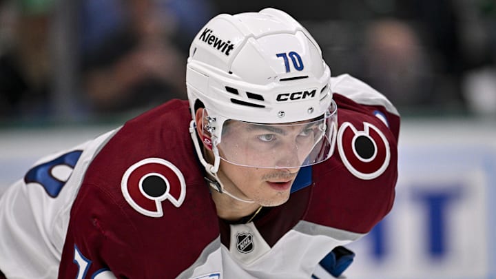 Mar 6, 2026; Dallas, Texas, USA; Colorado Avalanche defenseman Sam Malinski (70) looks on during the game between the Stars and the Avalanche at American Airlines Center. Mandatory Credit: Jerome Miron-Imagn Images