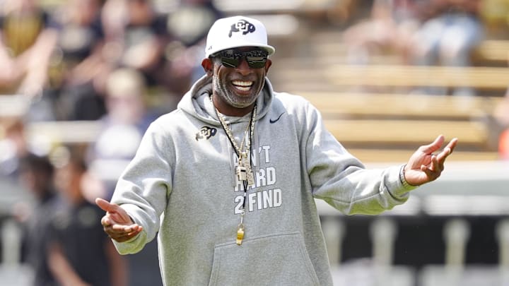 Sep 6, 2025; Boulder, Colorado, USA; Colorado Buffaloes head coach Deion Sanders before the game against the Delaware Fightin Blue Hens at Folsom Field. Mandatory Credit: Ron Chenoy-Imagn Images Sep 6, 2025; Boulder, Colorado, USA; Colorado Buffaloes head coach Deion Sanders before the game against the Delaware Fightin Blue Hens at Folsom Field. Mandatory Credit: Ron Chenoy-Imagn Images