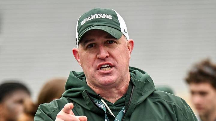 Michigan State's head coach Pat Fitzgerald addresses the team at the end of the football Spring Showcase on Saturday, April 18, 2026, at Spartan Stadium in East Lansing.