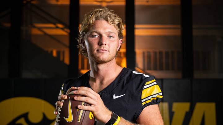 Iowa quarterback Hank Brown (9) stands for a portrait during Hawkeye football media day, Friday, Aug. 14, 2026, in Iowa City. Iowa quarterback Hank Brown (9) stands for a portrait during Hawkeye football media day, Friday, Aug. 14, 2026, in Iowa City.