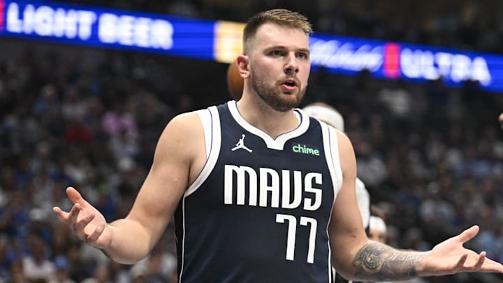 Oct 24, 2024; Dallas, Texas, USA; Dallas Mavericks guard Luka Doncic (77) during the game between the Dallas Mavericks and the San Antonio Spurs at the American Airlines Center. Mandatory Credit: Jerome Miron-Imagn Images