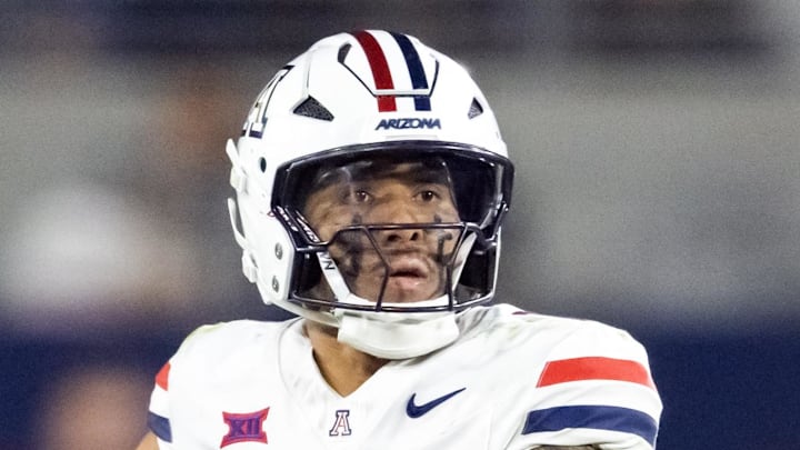 Nov 28, 2025; Tempe, Arizona, USA; Arizona Wildcats quarterback Noah Fifita (1) against the Arizona State Sun Devils during the 99th Territorial Cup at Mountain America Stadium. Mandatory Credit: Mark J. Rebilas-Imagn Images