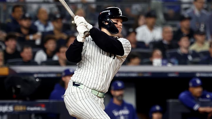 Oct 30, 2024; New York, New York, USA; New York Yankees outfielder Alex Verdugo (24) hits a RBI single during the second inning against the Los Angeles Dodgers in game five of the 2024 MLB World Series at Yankee Stadium. Mandatory Credit: Vincent Carchietta-Imagn Images Oct 30, 2024; New York, New York, USA; New York Yankees outfielder Alex Verdugo (24) hits a RBI single during the second inning against the Los Angeles Dodgers in game five of the 2024 MLB World Series at Yankee Stadium. Mandatory Credit: Vincent Carchietta-Imagn Images