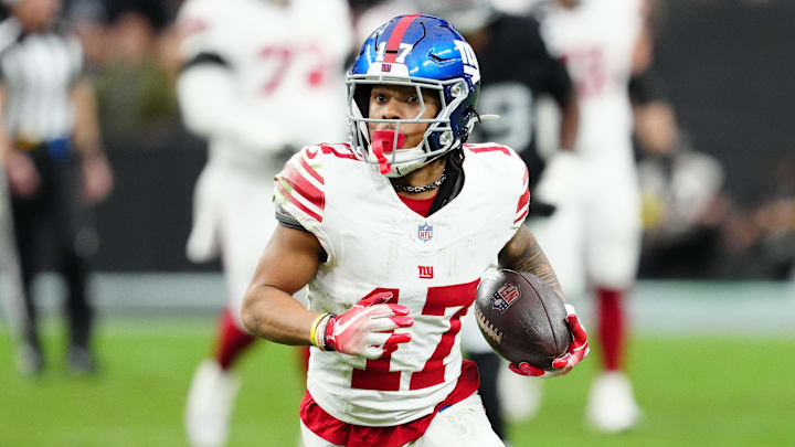 Dec 28, 2025; Paradise, Nevada, USA; New York Giants wide receiver Wan'Dale Robinson (17) runs with the ball after a catch in the second quarter against the Las Vegas Raiders at Allegiant Stadium. Mandatory Credit: Stephen R. Sylvanie-Imagn Images Dec 28, 2025; Paradise, Nevada, USA; New York Giants wide receiver Wan'Dale Robinson (17) runs with the ball after a catch in the second quarter against the Las Vegas Raiders at Allegiant Stadium. Mandatory Credit: Stephen R. Sylvanie-Imagn Images