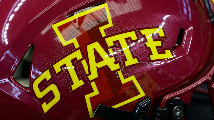 Jul 14, 2022; Arlington, TX, USA; A view of the Iowa State Cyclones helmet logo during the Big 12 Media Day at AT&T Stadium. 
