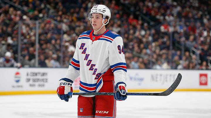 Mar 19, 2026; Columbus, Ohio, USA; New York Rangers right wing Gabe Perreault (94) against the Columbus Blue Jackets during the first period at Nationwide Arena. Mandatory Credit: Russell LaBounty-Imagn Images