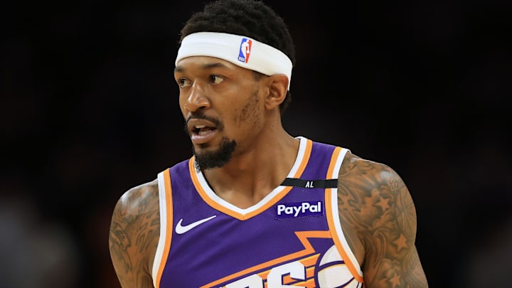 Apr 8, 2025; Phoenix, Arizona, USA; Phoenix Suns guard Bradley Beal (3) reacts during the first half against the Golden State Warriors at Footprint Center. Mandatory Credit: Mark J. Rebilas-Imagn Images Apr 8, 2025; Phoenix, Arizona, USA; Phoenix Suns guard Bradley Beal (3) reacts during the first half against the Golden State Warriors at Footprint Center. Mandatory Credit: Mark J. Rebilas-Imagn Images