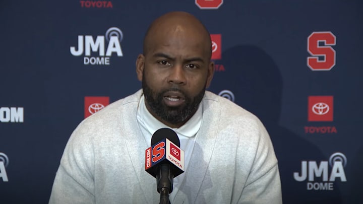December 3, 2025; Syracuse, New York, USA; Syracuse coach Fran Brown addresses the media at his signing day news conference at the John A. Lally Athletics Complex. Mandatory Credit: Screen shot courtesy Syracuse University Athletic Communications 