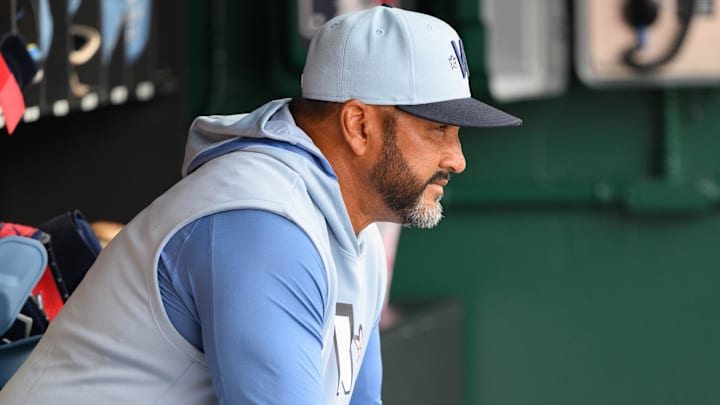 Mar 29, 2025; Washington, District of Columbia, USA; Washington Nationals manager Dave Martinez looks on during the ninth inning against the Philadelphia Phillies at Nationals Park Mar 29, 2025; Washington, District of Columbia, USA; Washington Nationals manager Dave Martinez looks on during the ninth inning against the Philadelphia Phillies at Nationals Park