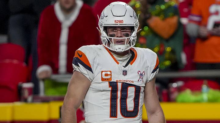 Dec 25, 2025; Kansas City, Missouri, USA; Denver Broncos quarterback Bo Nix (10) celebrates after a touchdown at GEHA Field at Arrowhead Stadium. 