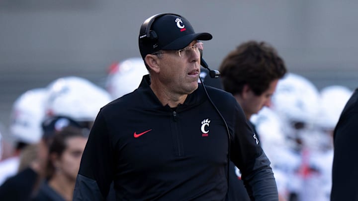 Cincinnati Bearcats head coach Scott Satterfield walks the sideline in the fourth quarter of the NCAA football game between the Cincinnati Bearcats and Bowling Green Falcons at Nippert Stadium in Cincinnati on Sept. 6, 2025.