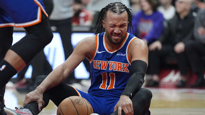 Mar 3, 2026; Toronto, Ontario, CAN; New York Knicks guard Jalen Brunson (11) reacts after getting poked in the eye during a collision with a Toronto Raptors player during the second half at Scotiabank Arena. Mandatory Credit: John E. Sokolowski-Imagn Images