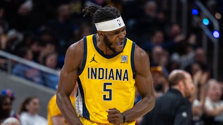 Indiana Pacers forward Jarace Walker (5) celebrates a made basket in the second half against the New York Knicks at Gainbridge Fieldhouse. Indiana Pacers forward Jarace Walker (5) celebrates a made basket in the second half against the New York Knicks at Gainbridge Fieldhouse.
