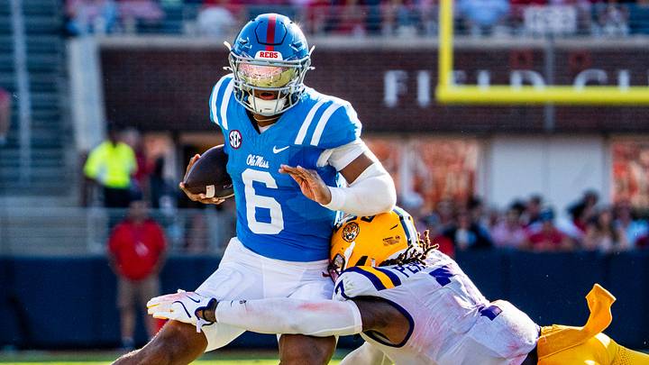 Ole Miss quarterback Trinidad Chambliss (6) carries the ball during a college football game between Ole Miss and LSU at Vaught-Hemingway Stadium in Oxford, Miss., on Saturday, Sept. 27, 2025.