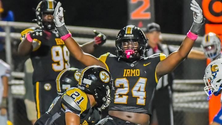 Irmo defensive lineman Jaiden Bryant (24) signals the distance during a 2025 game against Lexington. Irmo defensive lineman Jaiden Bryant (24) signals the distance during a 2025 game against Lexington.