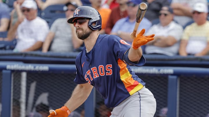 Feb 26, 2025; West Palm Beach, Florida, USA; Houston Astros outfielder Cooper Hummel (1) tosses the bat after hitting a double to left field during the sixth inning against the Washington Nationals at CACTI Park of the Palm Beaches. Feb 26, 2025; West Palm Beach, Florida, USA; Houston Astros outfielder Cooper Hummel (1) tosses the bat after hitting a double to left field during the sixth inning against the Washington Nationals at CACTI Park of the Palm Beaches.
