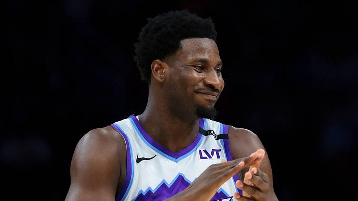 Feb 9, 2026; Miami, Florida, USA; Utah Jazz forward Jaren Jackson Jr. (20) reacts against the Miami Heat during the first quarter at Kaseya Center. Mandatory Credit: Sam Navarro-Imagn Images Feb 9, 2026; Miami, Florida, USA; Utah Jazz forward Jaren Jackson Jr. (20) reacts against the Miami Heat during the first quarter at Kaseya Center. Mandatory Credit: Sam Navarro-Imagn Images