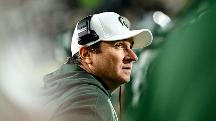 Michigan State's head coach Jonathan Smith looks on during the fourth quarter in the game against Iowa on Saturday, Oct. 19, 2024, at Spartan Stadium in East Lansing. Michigan State's head coach Jonathan Smith looks on during the fourth quarter in the game against Iowa on Saturday, Oct. 19, 2024, at Spartan Stadium in East Lansing.