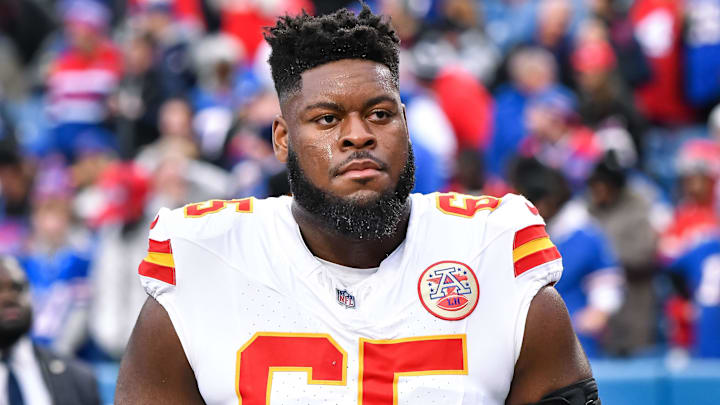 Nov 17, 2024; Orchard Park, New York, USA; Kansas City Chiefs guard Trey Smith (65) leaves the field after warm ups before a game against the Buffalo Bills at Highmark Stadium. Mandatory Credit: Mark Konezny-Imagn Images