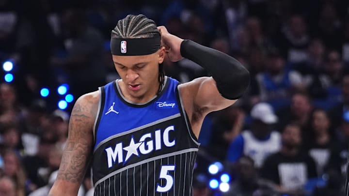 Paolo Banchero reacts after a call in Game 6 against the Pistons.