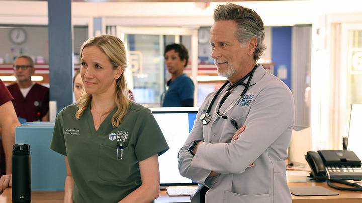 CHICAGO MED - "They Call Me Ms. Goodwin" Episode 1203 - Pictured: Jessy Schram as Dr. Hannah Asher, Steven Weber as Dr. Dean Archer CHICAGO MED - "They Call Me Ms. Goodwin" Episode 1203 - Pictured: Jessy Schram as Dr. Hannah Asher, Steven Weber as Dr. Dean Archer
