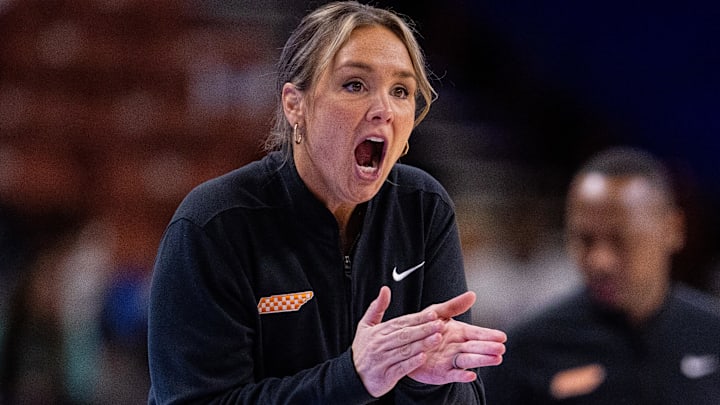 Mar 6, 2025; Greenville, SC, USA; Tennessee Lady Vols head coach Kim Caldwell pumps up her team against the Vanderbilt Commodores during the first half at Bon Secours Wellness Arena. Mandatory Credit: Scott Kinser-Imagn Images