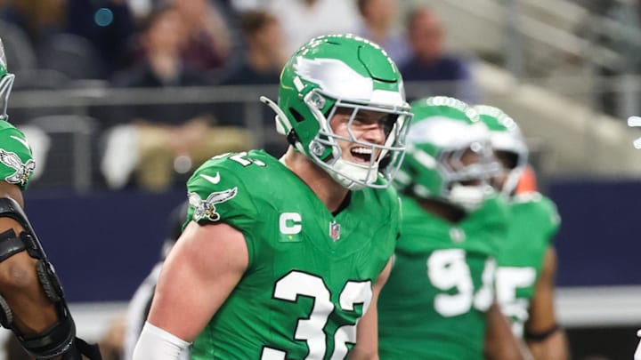 Nov 23, 2025; Arlington, Texas, USA; Philadelphia Eagles safety Reed Blankenship (32) celebrates after an interception in the second quarter at AT&T Stadium. Mandatory Credit: Kevin Jairaj-Imagn Images