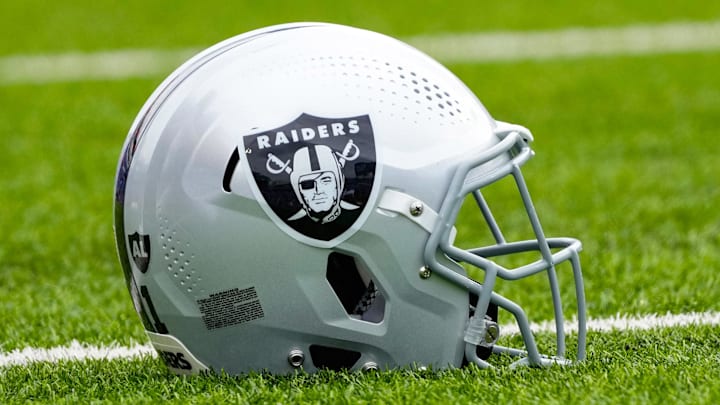 Sep 17, 2023; Orchard Park, New York, USA;  A Las Vegas Raiders helmet on the field prior to the game against the Buffalo Bills at Highmark Stadium. Mandatory Credit: Gregory Fisher-Imagn Images