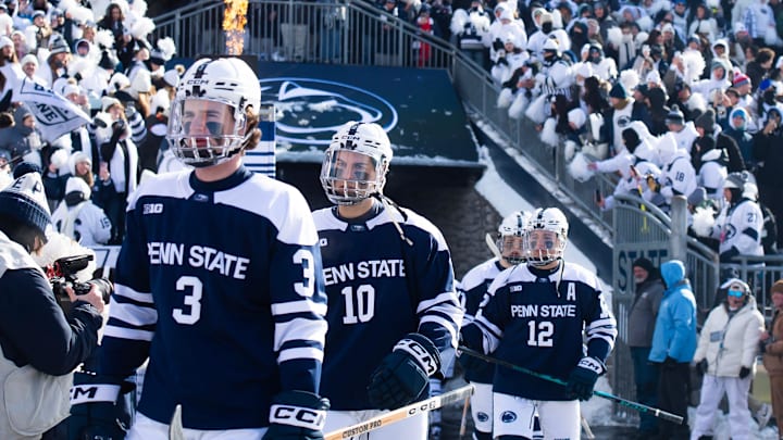Penn State ice hockey players enter Beaver Stadium for a top-five Big Ten ice hockey game against Michigan State in Beaver Stadium on January 31, 2026, in State College.